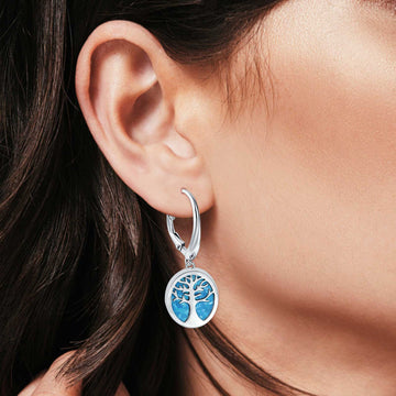 Tree of Life Dangling Leverback Earrings Lab Created Blue Opal 925 Sterling Silver (16mm)